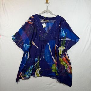 Mush Baby Sienna Rose Sheer Floral Boho Top Womens Large Blue Lace V Neck NWT